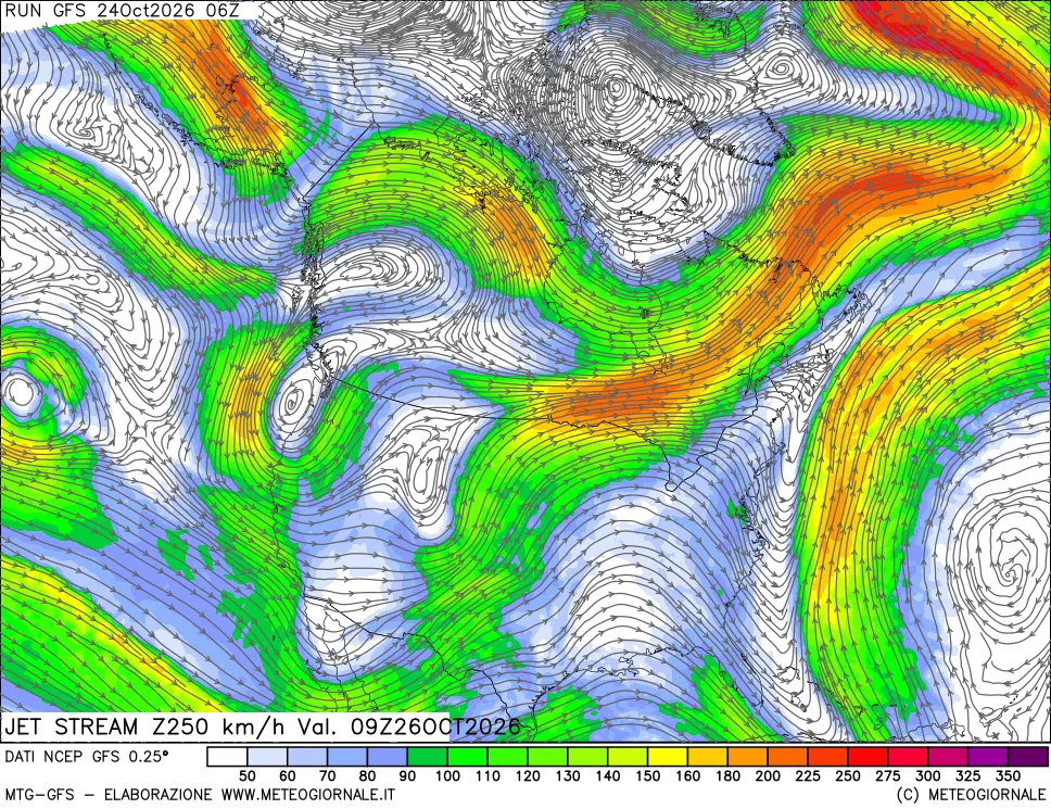 mappa 250 hPa Jet stream