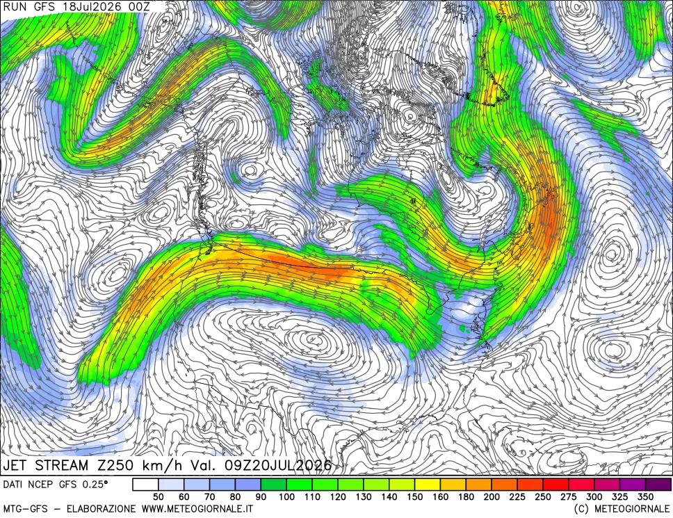 mappa 250 hPa Jet stream