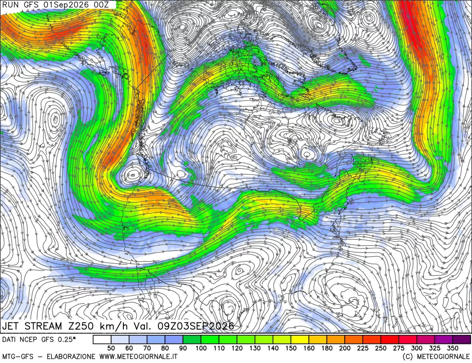 mappa 250 hPa Jet stream