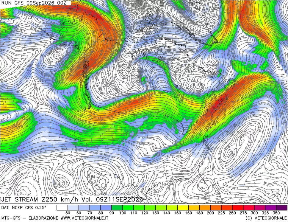 mappa 250 hPa Jet stream