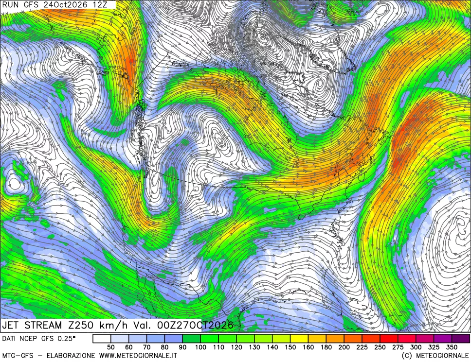 mappa 250 hPa Jet stream