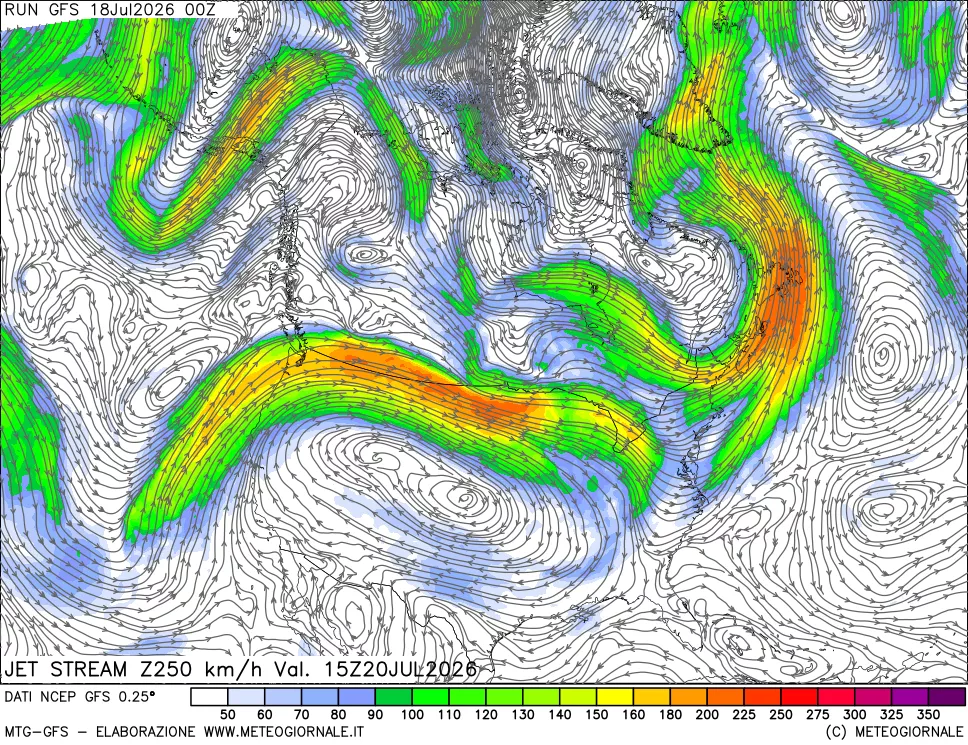 mappa 250 hPa Jet stream