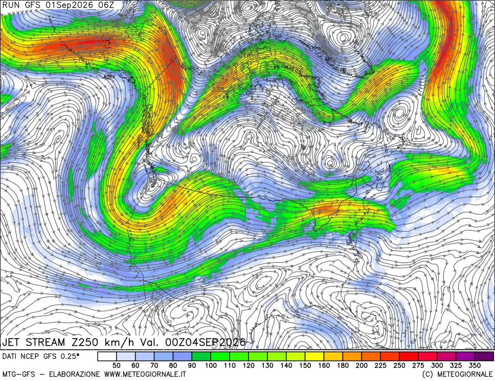 mappa 250 hPa Jet stream