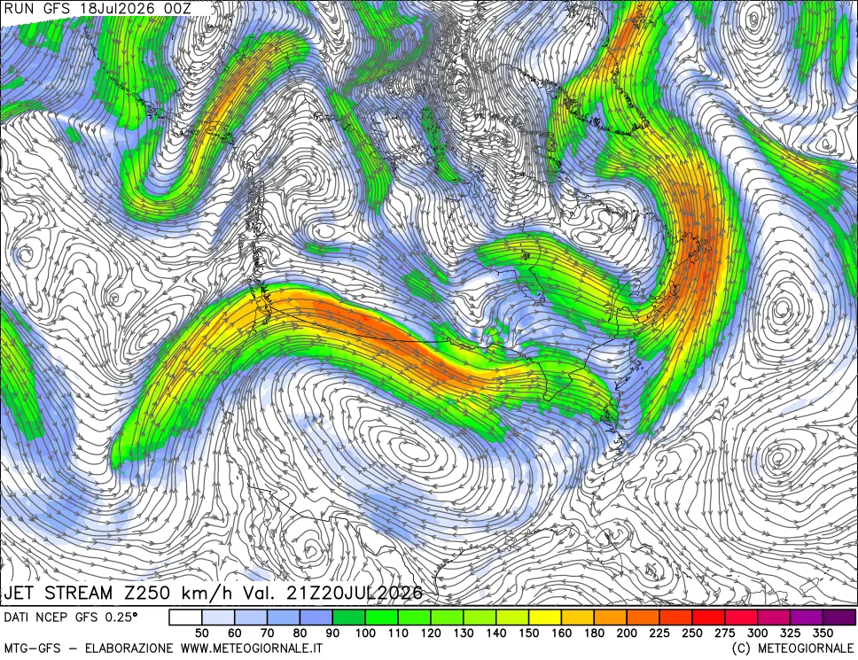 mappa 250 hPa Jet stream