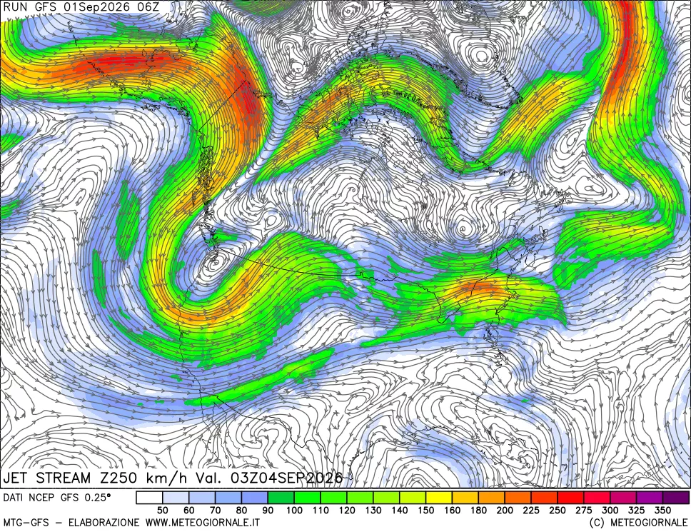 mappa 250 hPa Jet stream