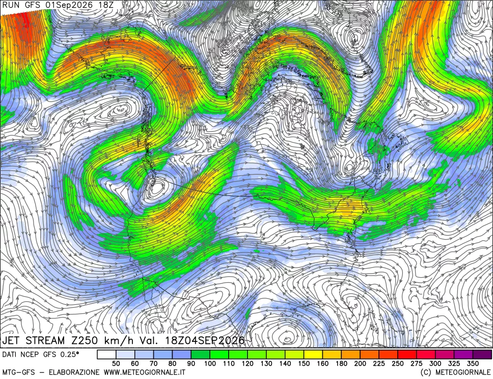 mappa 250 hPa Jet stream