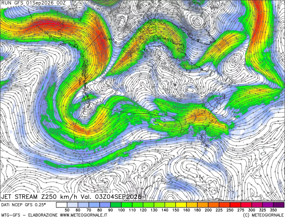 mappa 250 hPa Jet stream