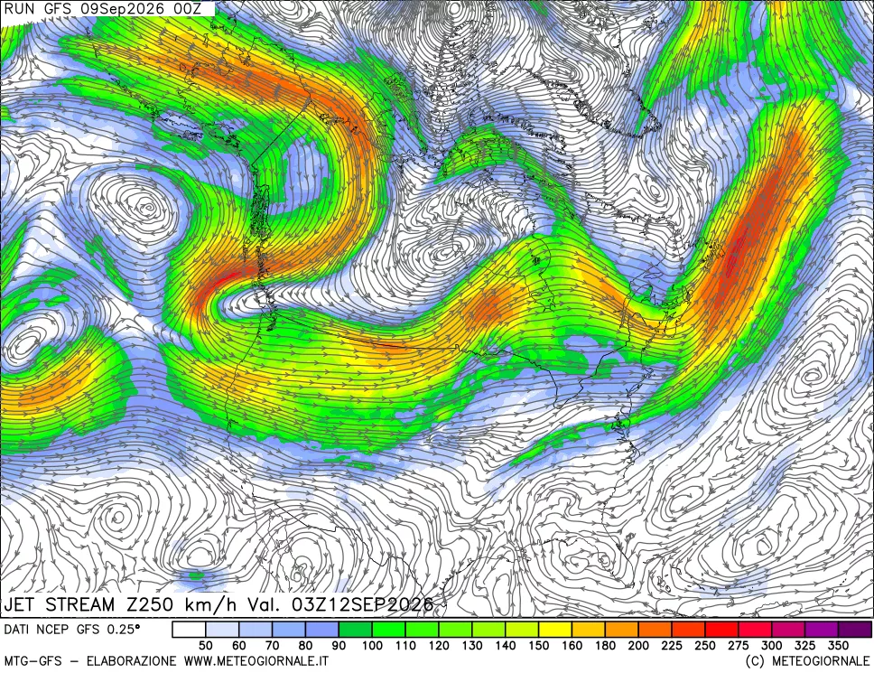 mappa 250 hPa Jet stream