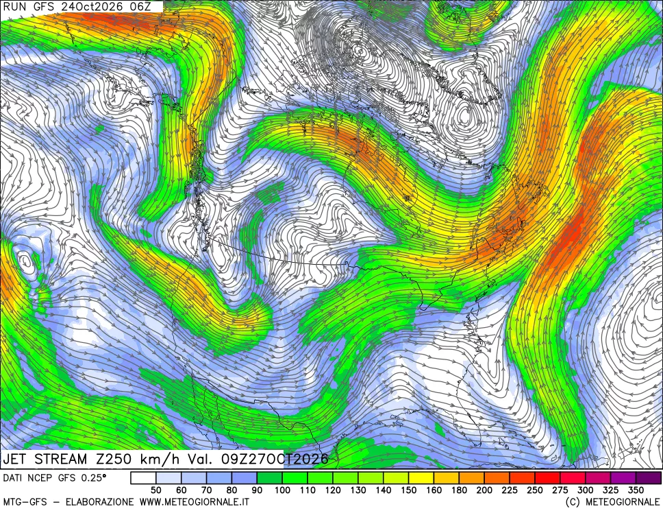 mappa 250 hPa Jet stream