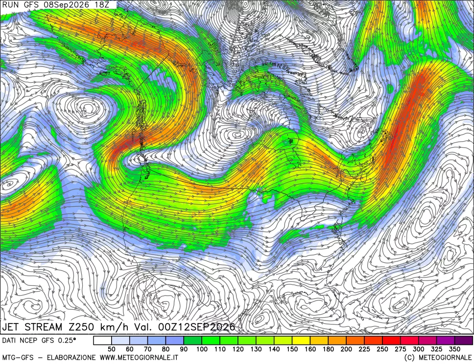 mappa 250 hPa Jet stream