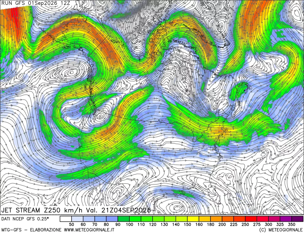 mappa 250 hPa Jet stream