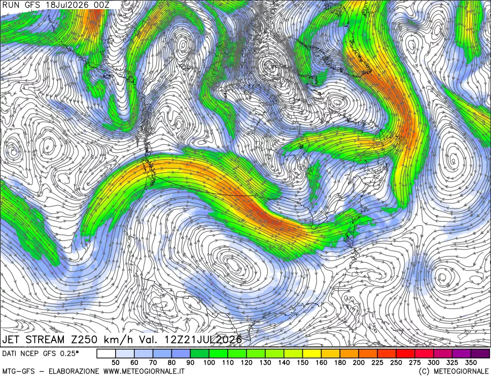 mappa 250 hPa Jet stream
