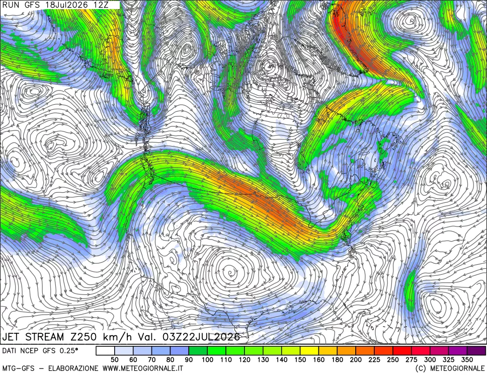 mappa 250 hPa Jet stream