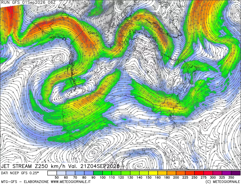 mappa 250 hPa Jet stream