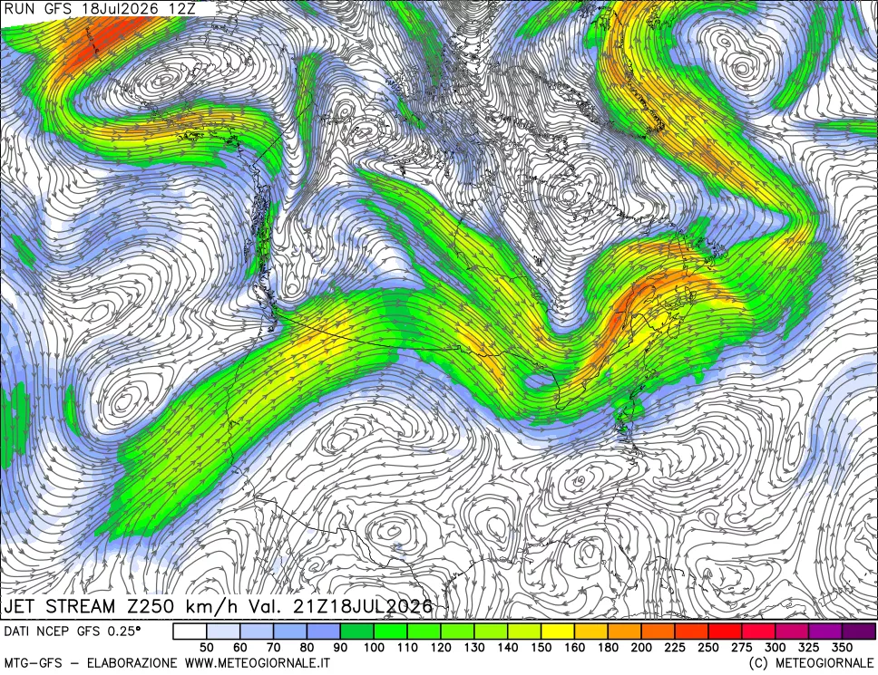 mappa 250 hPa Jet stream