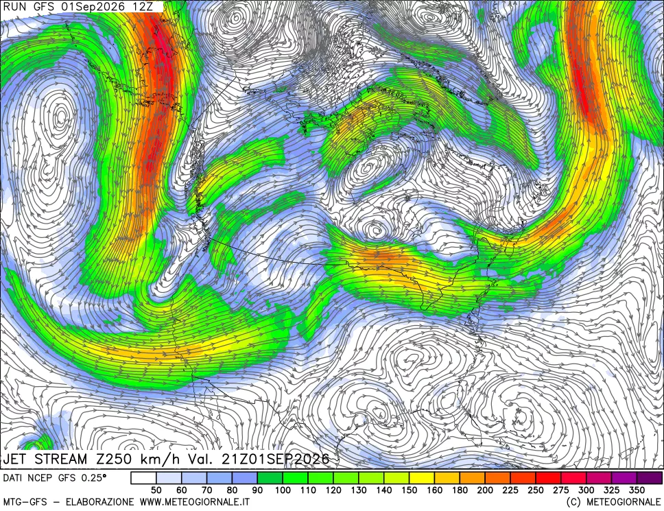 mappa 250 hPa Jet stream