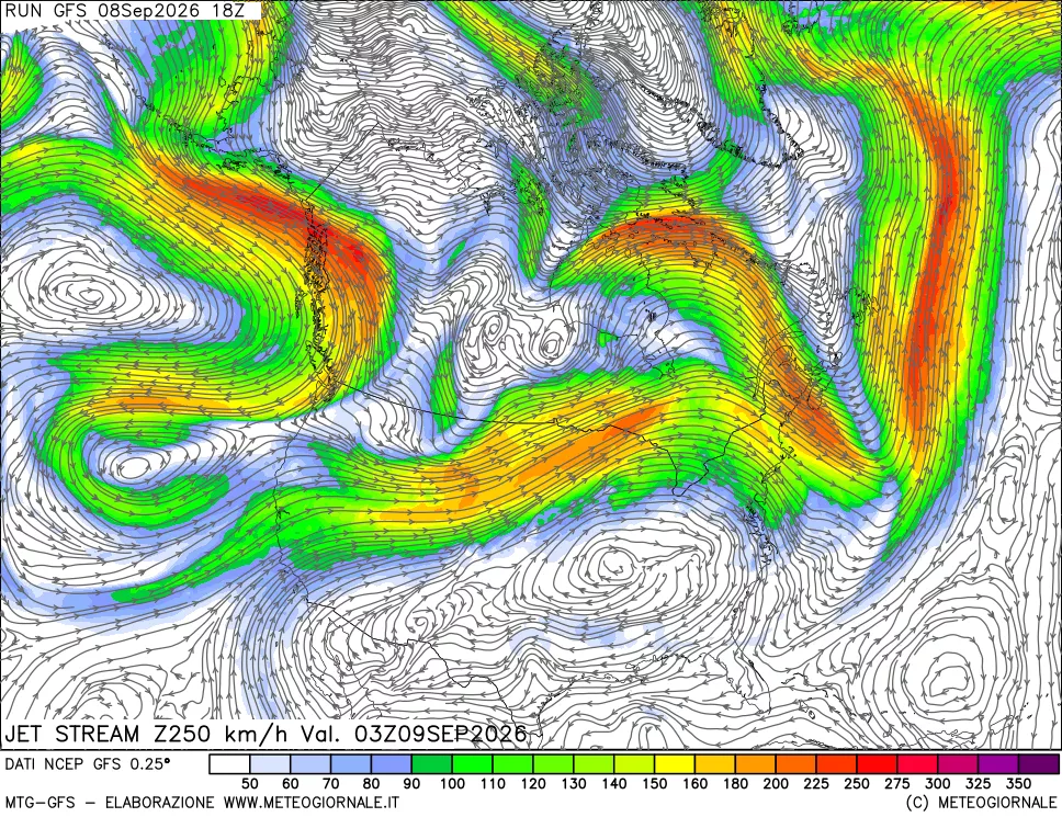 mappa 250 hPa Jet stream