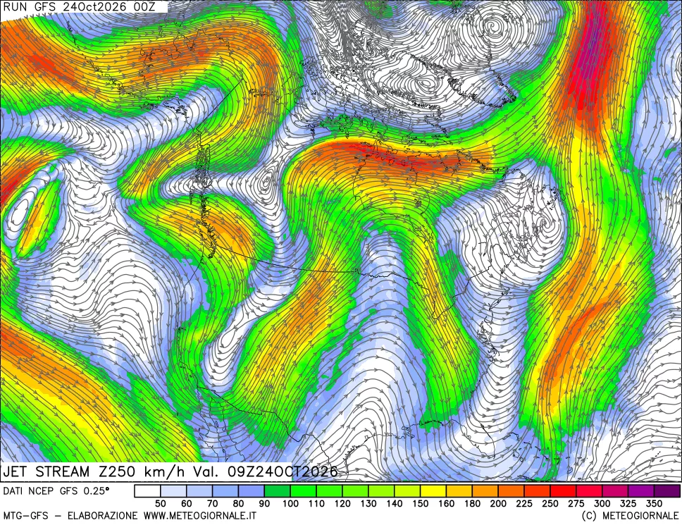 mappa 250 hPa Jet stream