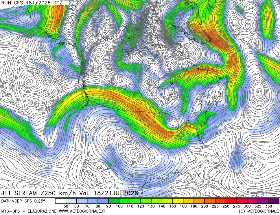mappa 250 hPa Jet stream