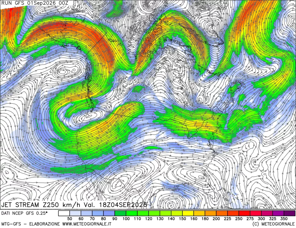 mappa 250 hPa Jet stream