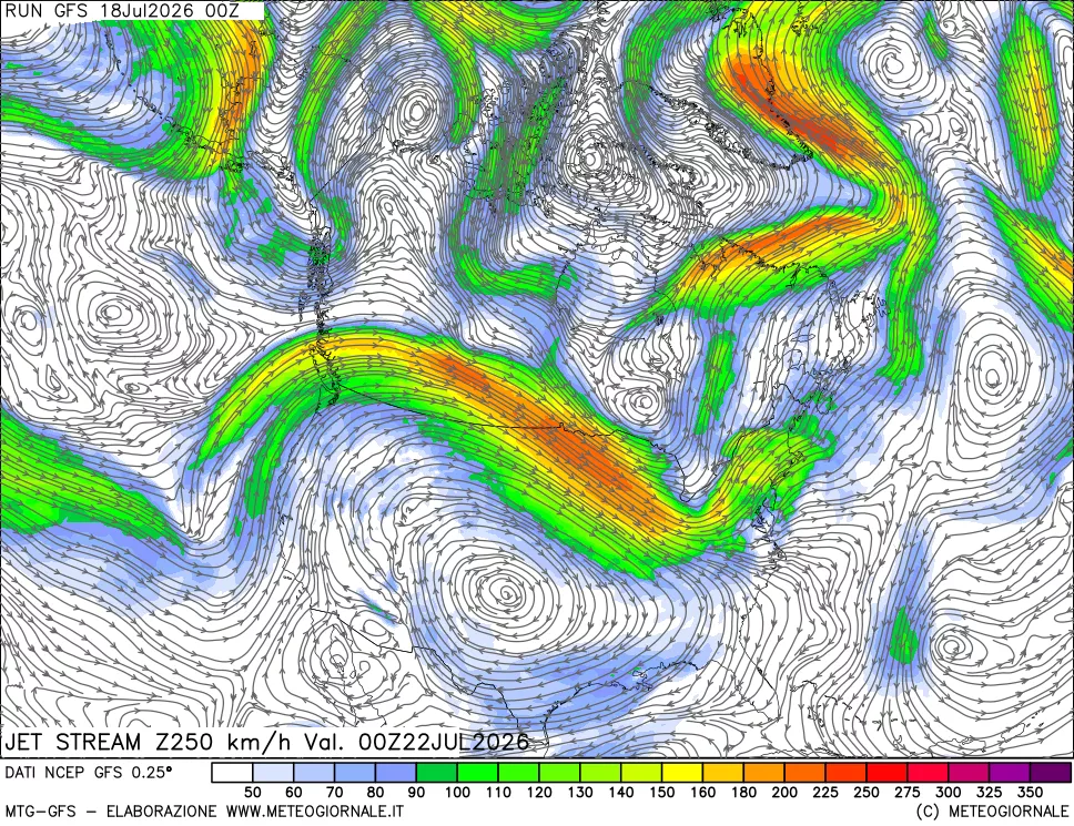 mappa 250 hPa Jet stream