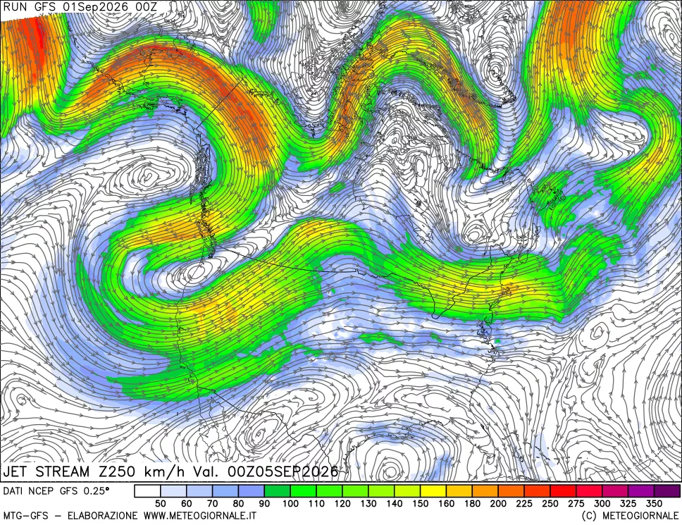 mappa 250 hPa Jet stream