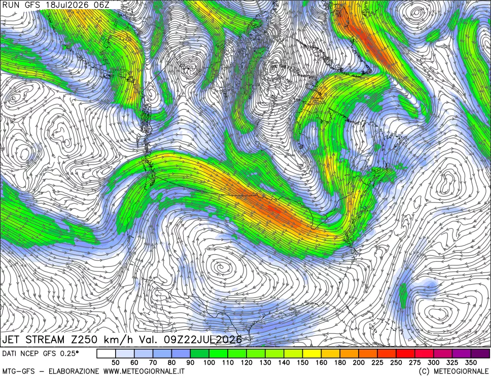 mappa 250 hPa Jet stream