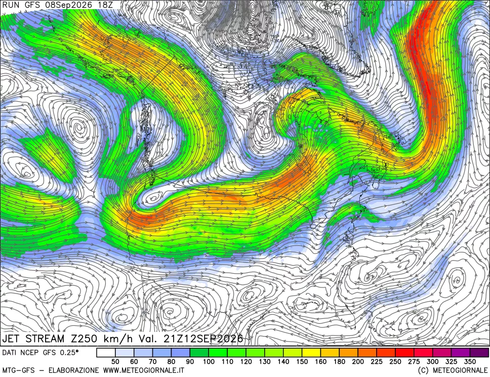 mappa 250 hPa Jet stream