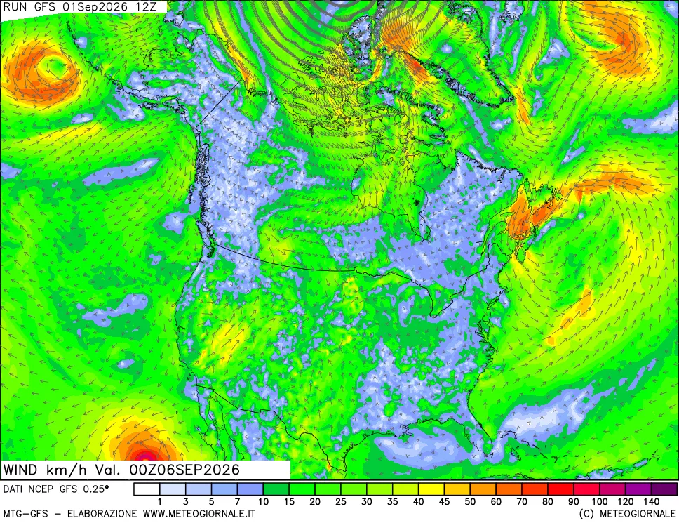 mappa 10 m Vento forza e direzione