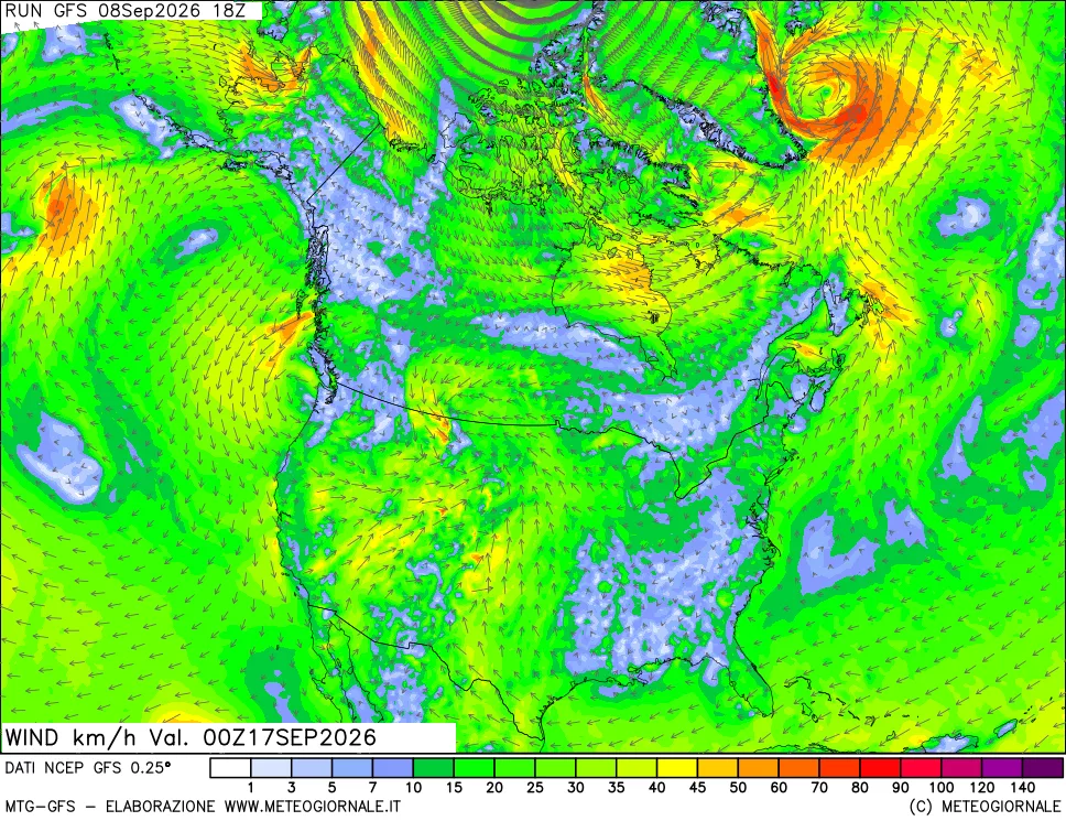 mappa 10 m Vento forza e direzione