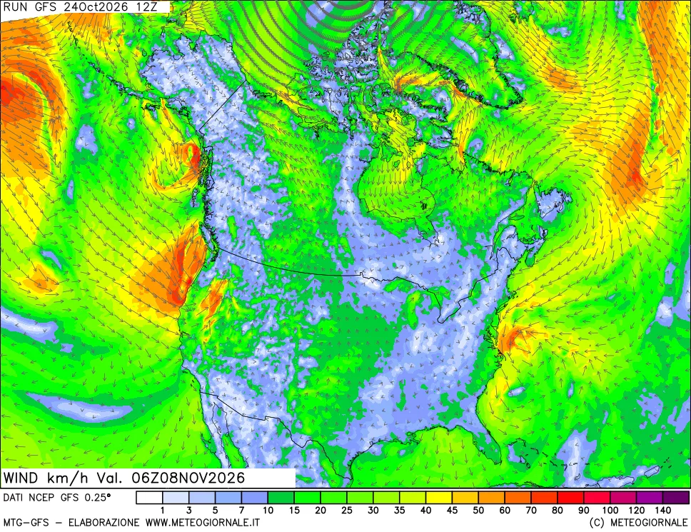 mappa 10 m Vento forza e direzione