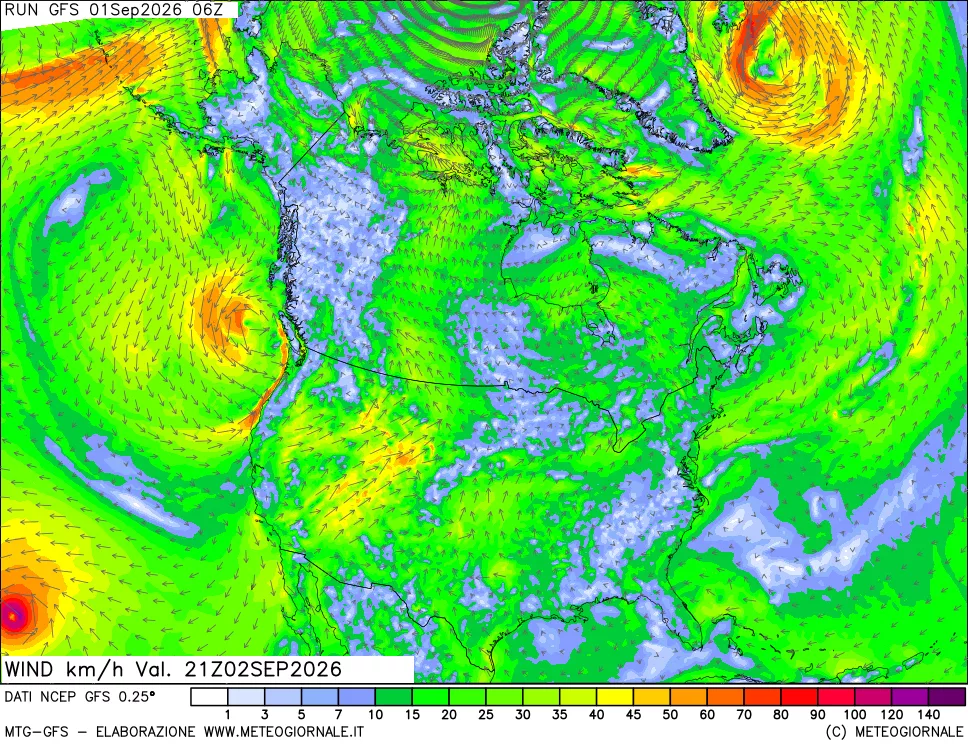 mappa 10 m Vento forza e direzione