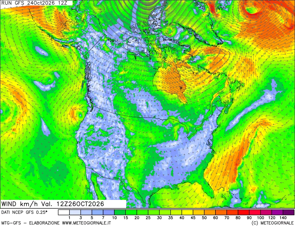 mappa 10 m Vento forza e direzione
