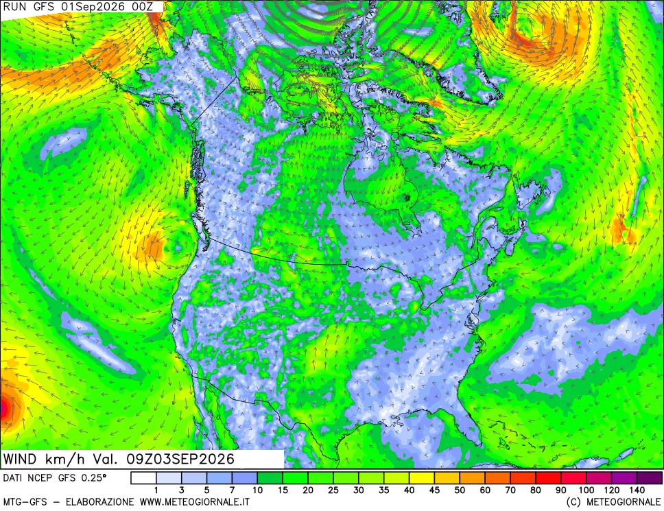 mappa 10 m Vento forza e direzione