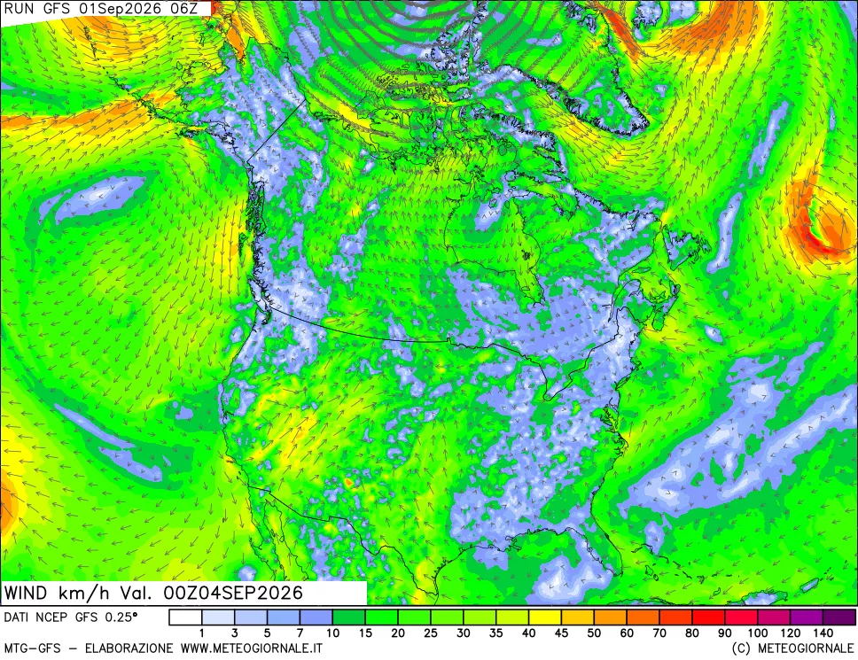 mappa 10 m Vento forza e direzione