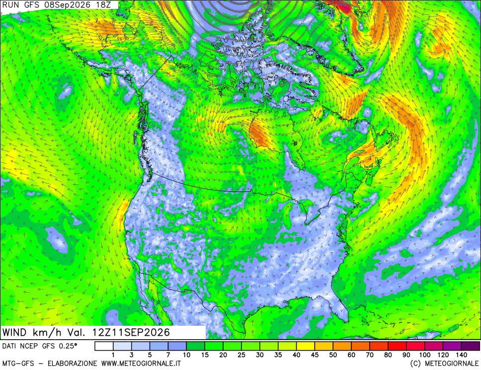 mappa 10 m Vento forza e direzione
