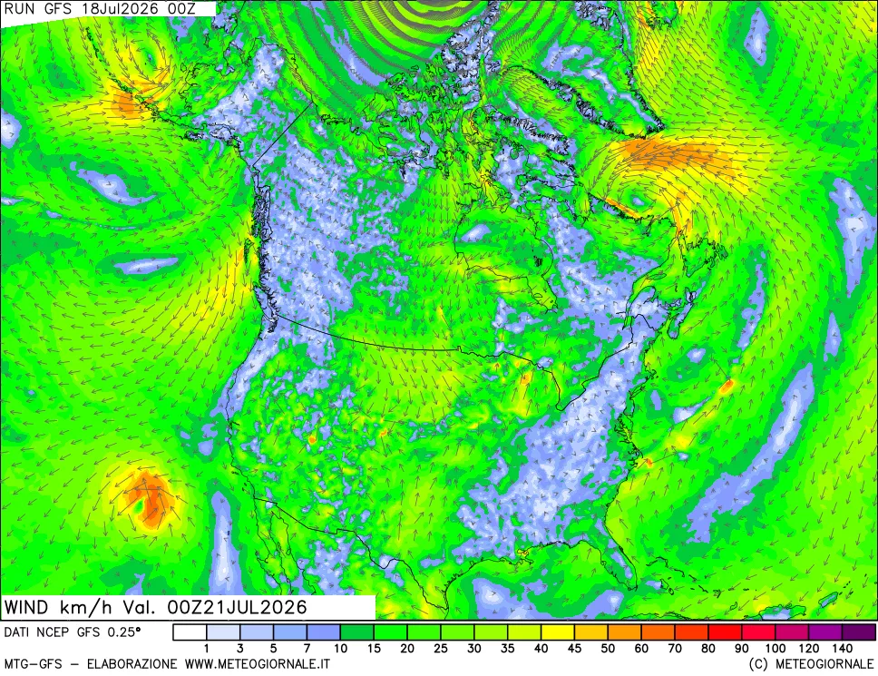 mappa 10 m Vento forza e direzione