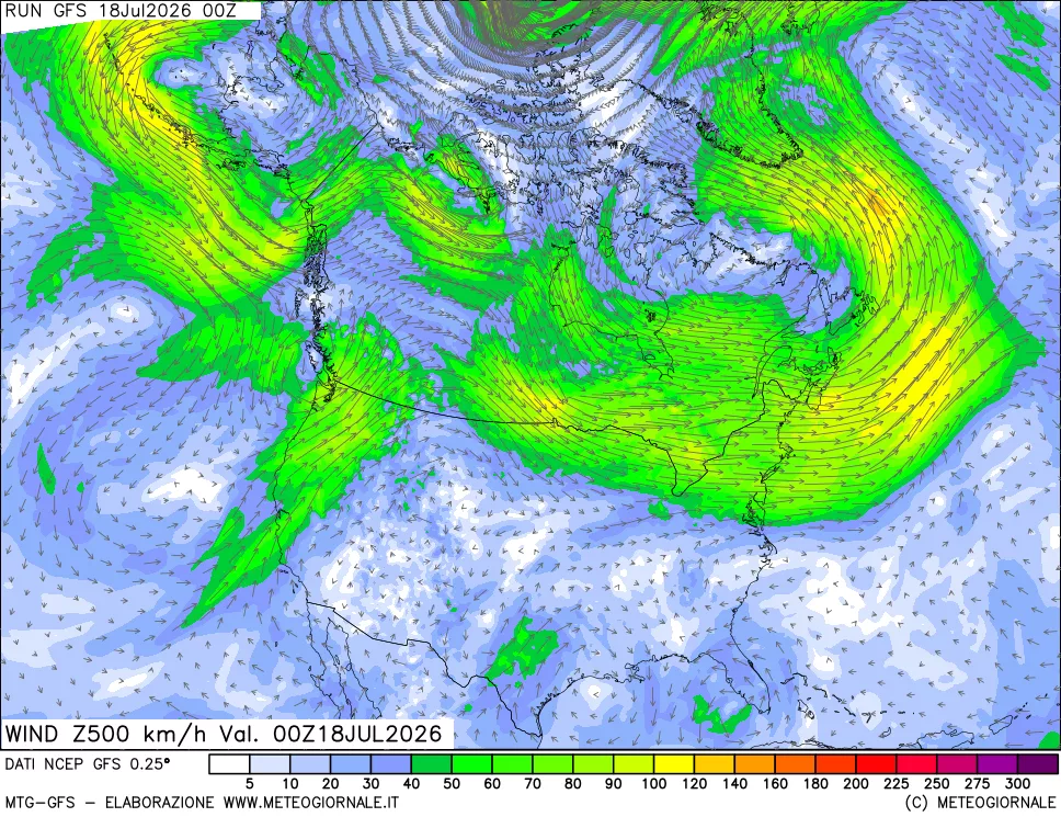 mappa 500 hPa Vento forza e direzione