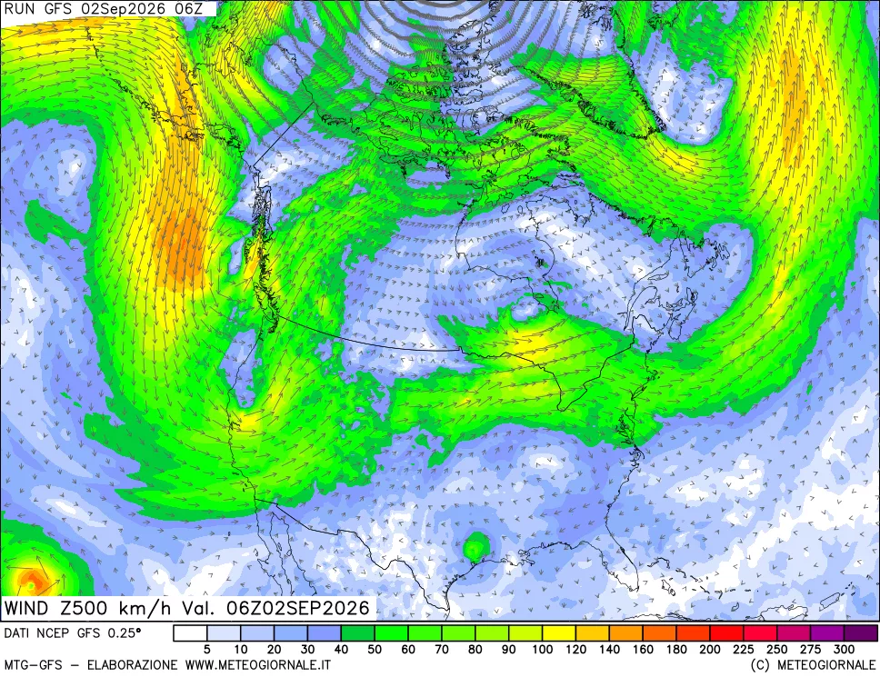 mappa 500 hPa Vento forza e direzione