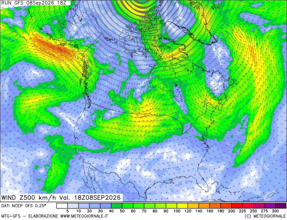 mappa 500 hPa Vento forza e direzione