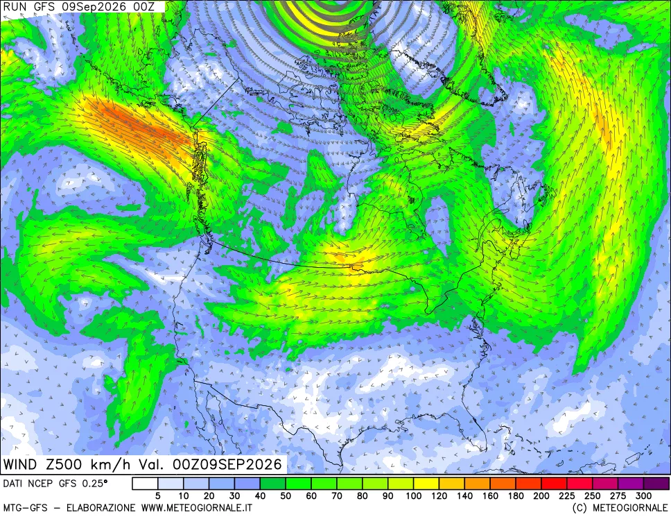 mappa 500 hPa Vento forza e direzione