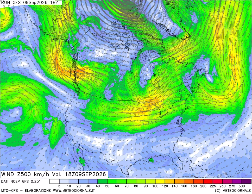 mappa 500 hPa Vento forza e direzione