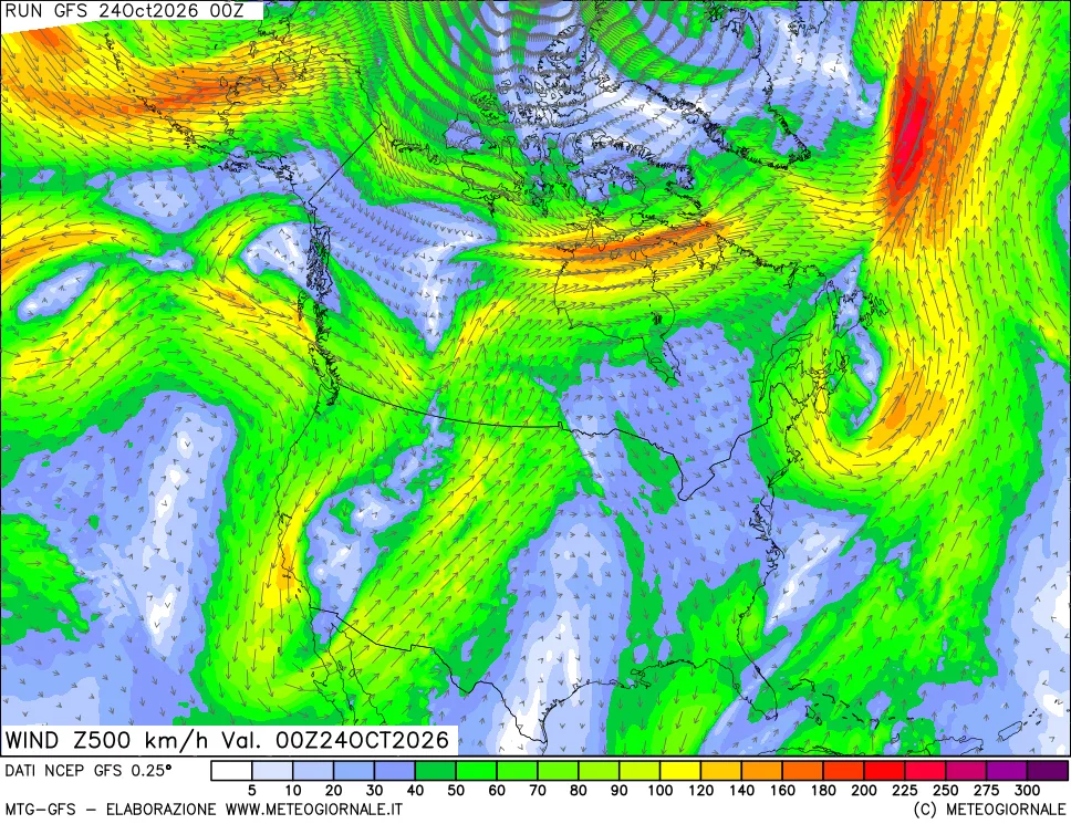 mappa 500 hPa Vento forza e direzione
