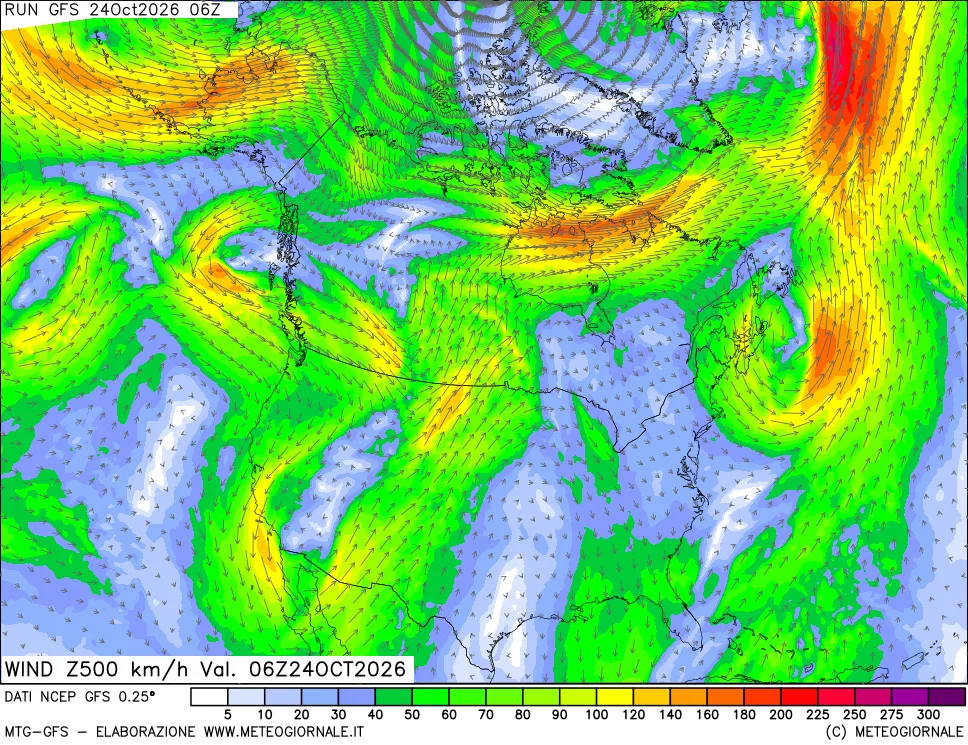mappa 500 hPa Vento forza e direzione