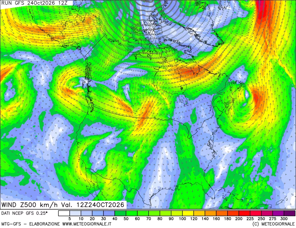 mappa 500 hPa Vento forza e direzione