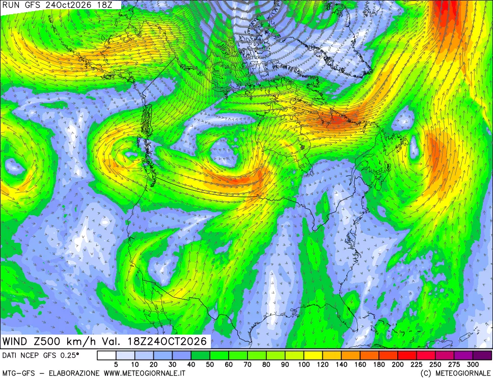 mappa 500 hPa Vento forza e direzione
