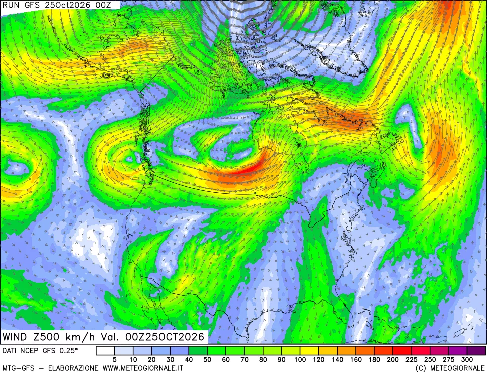mappa 500 hPa Vento forza e direzione