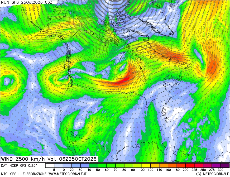 mappa 500 hPa Vento forza e direzione