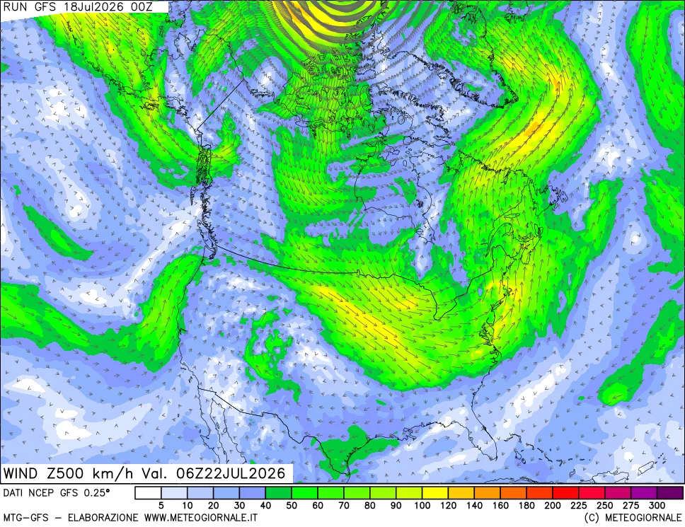 mappa 500 hPa Vento forza e direzione