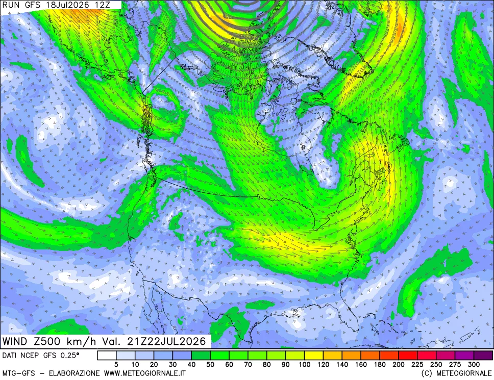 mappa 500 hPa Vento forza e direzione